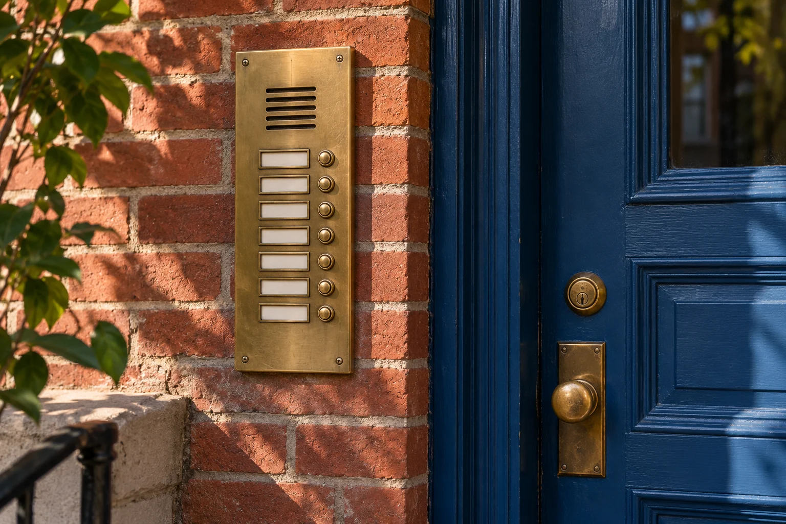 Representative apartment intercom and blue entrance door.