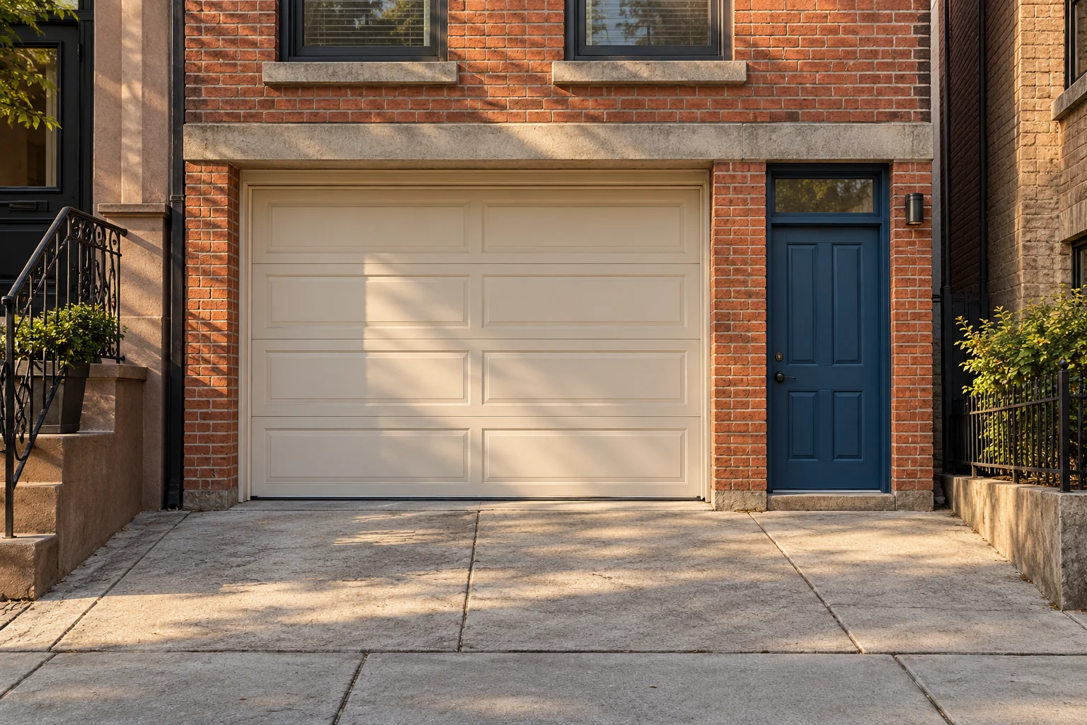 Representative residential garage entrance in a narrow brick building.