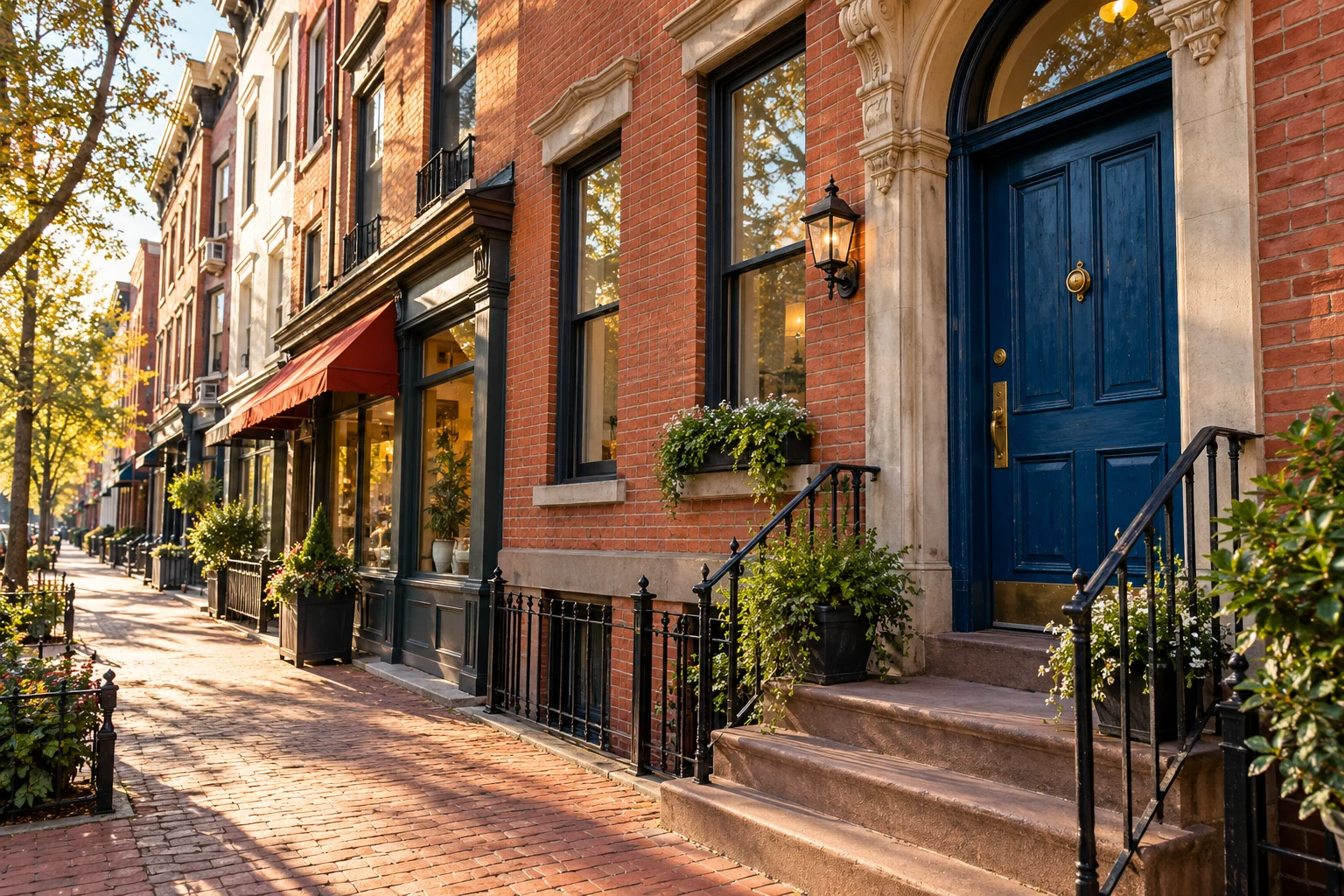 Representative brick streetscape with a blue apartment entrance and a neighboring storefront.